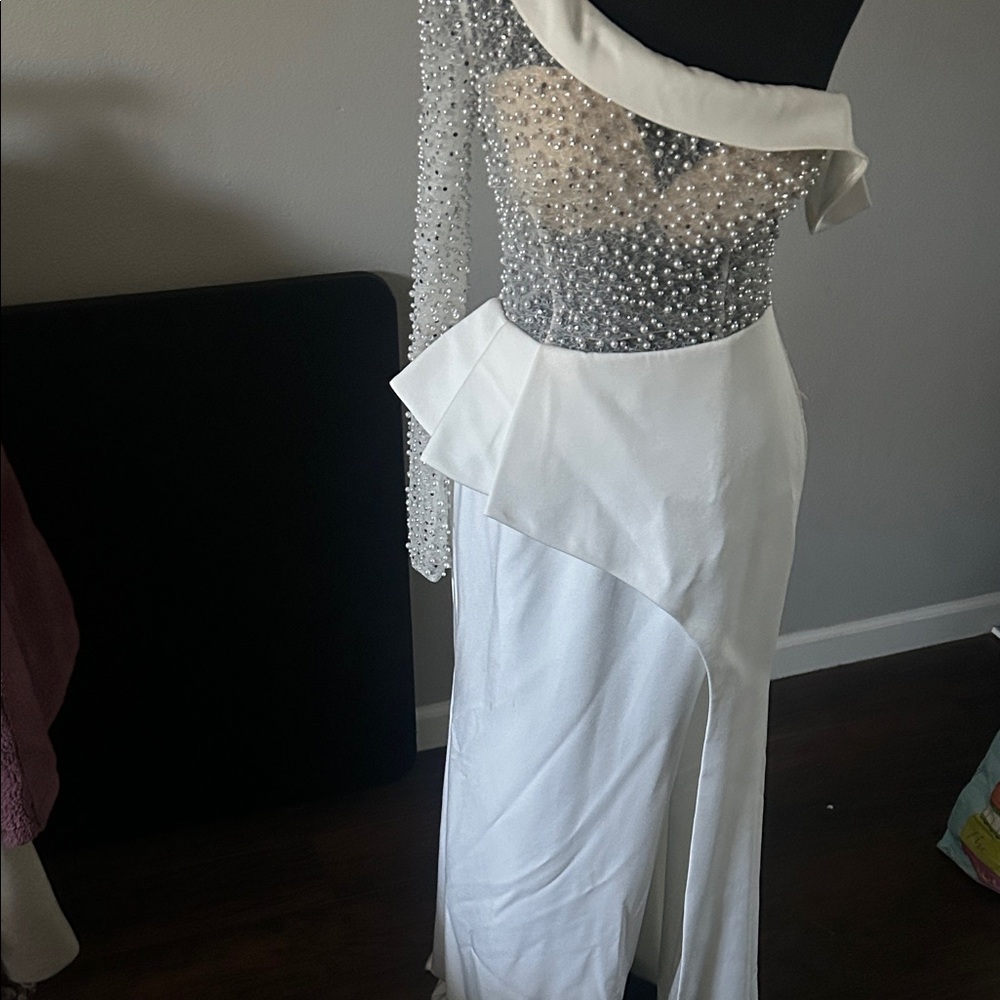 Elegant White Pearl-Embellished Dress